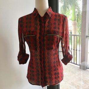 Sexy Red and Black Blouse with Gold Zipper Pockets